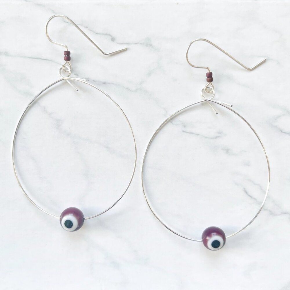 Silver Wire Tear Drop Earrings with Purple Evil Eye Glass Bead